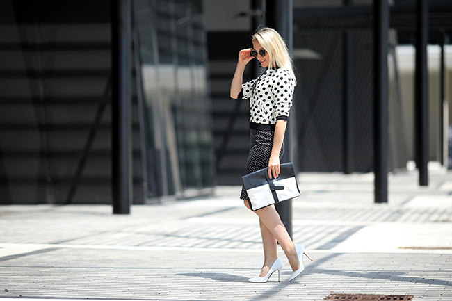 collected by Katja, Business Outfit Sommer, Outfit Büro Sommer, Mustermix, mix of patterns, Outfit Punkte, outfit dots, black & white outfit, schwarz weiß Punkte Outfit, Ü30 Blog, Ü 40 Blog, Ü 40 Outfit, Modeblog Österreich, fashion blogger austria